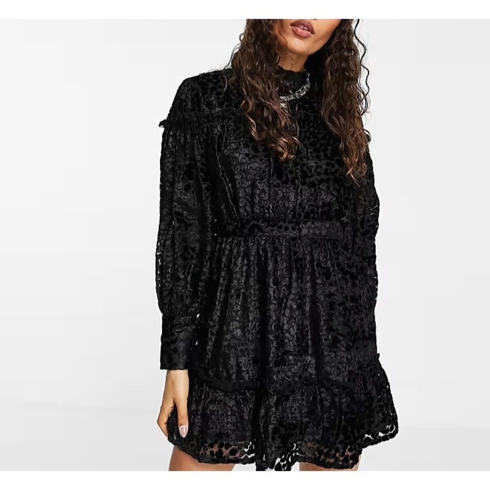NEW Topshop Balloon Sleeve Tiered Dress Animal Print Velvet Black 6P Witchy - Picture 3 of 16